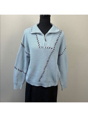 J. Society Sewed Up Sweater Ribbed Knit 1/4 Zip Cotton Blue/Brown Pullover L